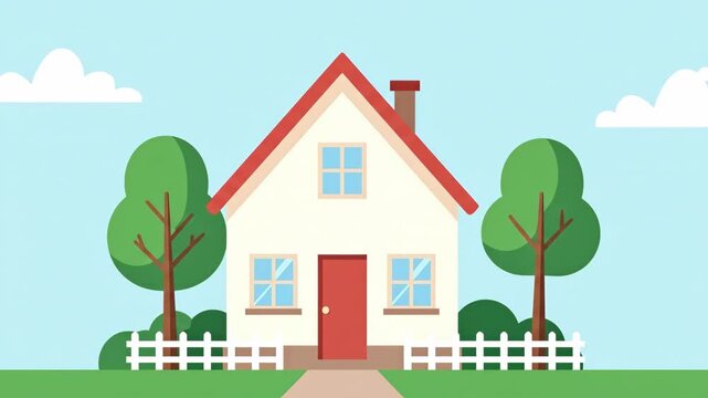 Cozy Cartoon House with Trees and Moving Clouds Animation.