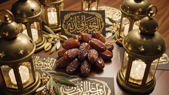 Celebrating Ramadan with dates and lanterns in a serene flat lay arrangement on a wooden table