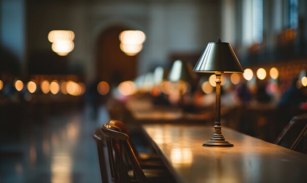 A blurry image of a lamp is on a table in a library