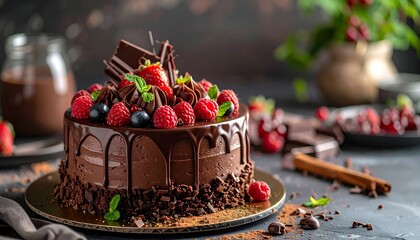 Decadent Chocolate Cake Topped with Fresh Berries and Chocolate Drizzle.