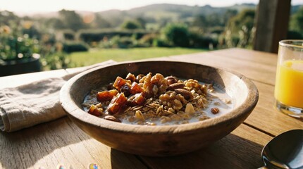 Healthy Breakfast Cereal With Milk And Dried Fruits In Wooden Bowl With Orange Juice Glass Outdoor Setting Warm Sunlight