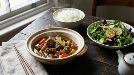 Hearty Beef Stew with Root Vegetables and Steamed Rice Served with a Fresh Green Salad on a Rustic Wooden Table Near a Window