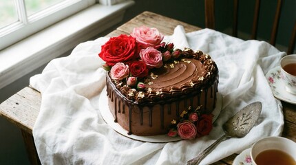 Heart Shaped Chocolate Cake With Red Roses And Gold Flakes On A White Drape Rustic Table Next To Tea Cups