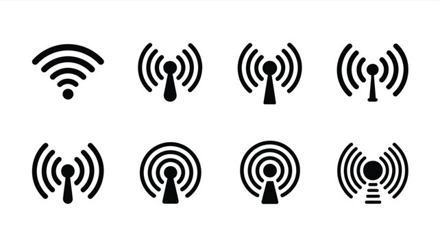 Wireless signal icon vector set including wifi antenna radio and sound wave symbols for communication network audio and technology design