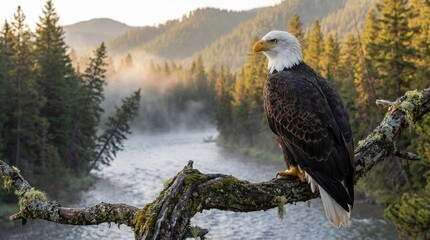 Majestic Bald Eagle Perched on Moss Covered Branch Overlooking Misty River Valley at Sunrise Golden Hour Light