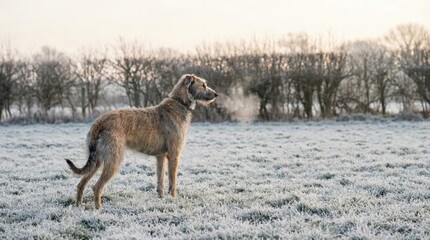 Majestic Irish Wolfhound Standing in a Frost Covered Field on a Cold Winter Morning Gentle Sunlight Backlighting the Dog and Bare Trees in