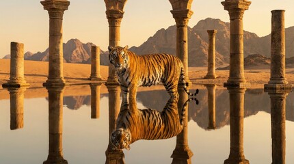 Majestic Tiger Reflecting in Still Water Amidst Ancient Desert Ruins Under a Warm Sunset Sky