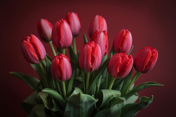 Fototapeta premium Large Bouquet of Fresh Red Tulips with Green Leaves Against a Moody Dark Red Background for Spring Floral Gift or Romantic Occasion Decor