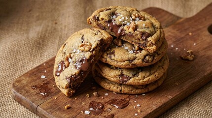 Melted Chocolate Chip Walnut Cookies Stacked On Wooden Board With Coarse Sea Salt Sprinkled Overhead Studio Shot