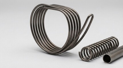 Metallic Coil Springs and Tube in Studio Lighting Isolated on Gray Background Industrial Components
