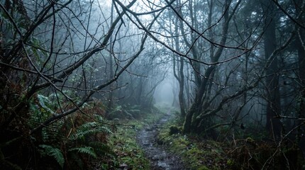 Misty Forest Path With Raindrops On Branches And Lush Green Ferns On A Gloomy Day Atmospheric Woodland Trail
