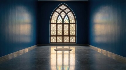 Ornate Gothic Window With Intricate Geometric Patterns Illuminates A Deep Blue Hallway With Reflections On A Polished Floor