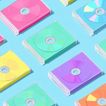 Seamless pattern of colorful CD jewel cases in pink, green, yellow, blue, and purple arranged on a light blue background for design and artistic use