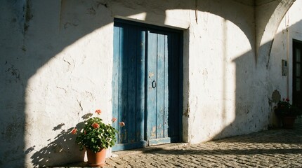 Rustic Blue Wooden Doorway Archway Whitewashed Wall Cobblestone Path Sunlight Shadows Potted Plants Mediterranean Architecture
