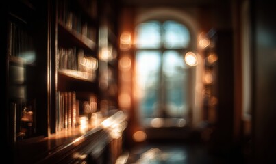 Obraz premium A blurry image of a library with a window and shelves of books