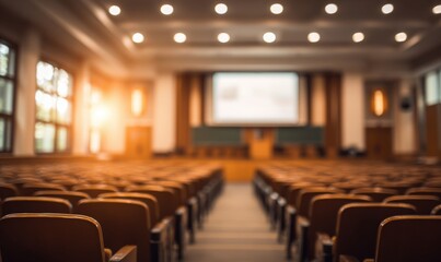 A blurry image of a large auditorium with a projector screen and a podium