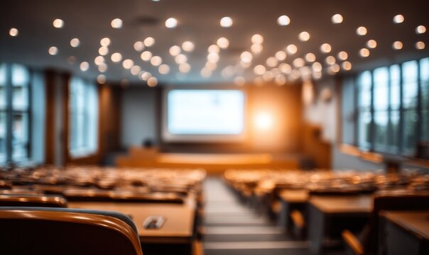 A blurry image of a classroom with a projector screen and a large audience