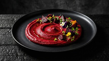 Vibrant Beetroot Dip Served with Garnishes on a Dark Plate with Charred Wood Background and Dramatic Lighting