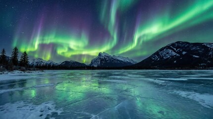 Vibrant Aurora Borealis Dances Across Starry Night Sky Over Snow Covered Mountains and Frozen Lake with Pine Trees Majestic Landscape