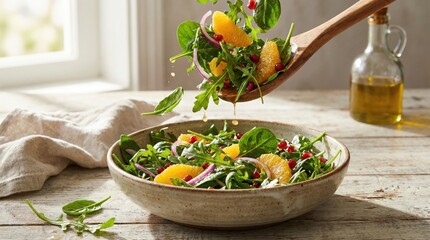 Vibrant Fresh Arugula Salad with Oranges Pomegranate Seeds and Red Onion Drizzled with Olive Oil in Rustic Bowl with Wooden Spoon on Sunlit