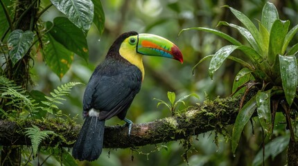 Obraz premium Vibrant Toucan Perched on a Mossy Branch in a Lush Green Rainforest During a Gentle Rain Shower
