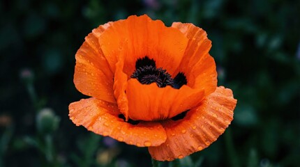 Vibrant Orange Poppy Flower With Water Droplets On Petals Macro View In A Garden With Dark Green Background