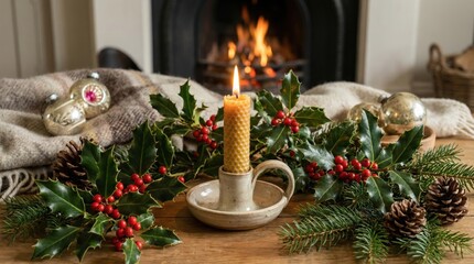 Warm Christmas Still Life Arrangement With Burning Candle Holly Pine Cones And Ornaments Near Cozy Fireplace With Soft Lighting