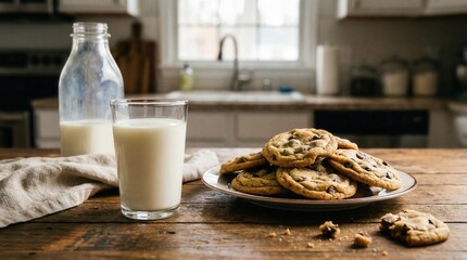 Warm Kitchen Scene With A Plate Of Chocolate Chip Cookies And A Glass Of Milk On A Wooden Table