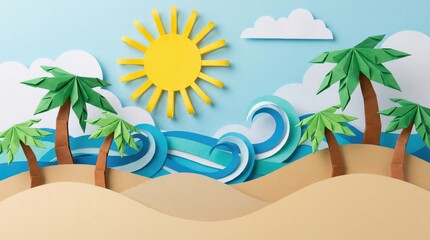 Whimsical Paper Cutout Tropical Beach Scene with Palm Trees Rolling Waves Bright Sun and Fluffy Clouds Under a Blue Sky