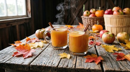 Warm Apple Cider In Glass Mugs With Cinnamon Sticks And Sliced Apples Surrounded By Autumn Leaves Pumpkins And Apples In A Rustic Wooden
