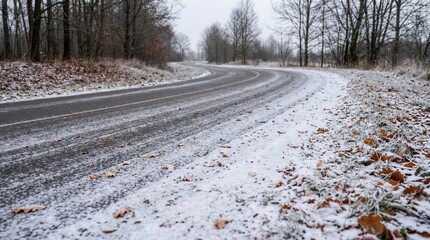 Winding Asphalt Road Covered in Frost and Fallen Autumn Leaves During a Cloudy Winter Day in a Forest Landscape