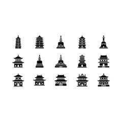 Illustrations of various Asian temple structures and pagodas in a single line.