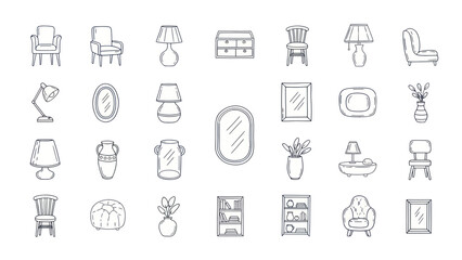 Hand Drawn Furniture Icons Set: Chairs, Lamps, Tables, Mirrors, Vases, Cabinet