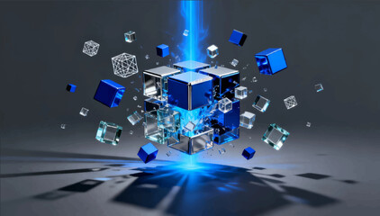 A vector 3D illustration depicting the deconstruction of a technological cube that breaks down into smaller pieces. © Dzianis