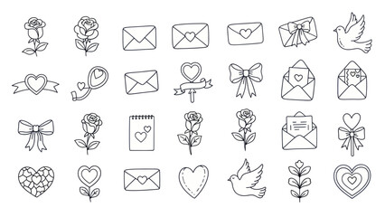 Fototapeta premium Hand Drawn Valentine Icons: Hearts, Roses, Envelopes, Doves, Bows - Sketchy Style