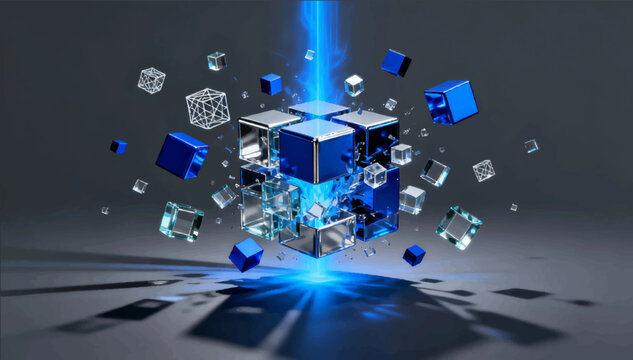 A vector 3D illustration depicting the deconstruction of a technological cube that breaks down into smaller pieces.