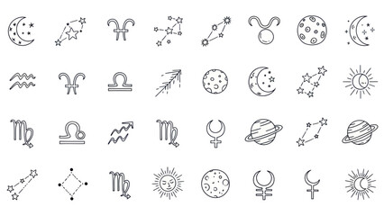 Fototapeta premium Hand Drawn Zodiac Signs, Celestial Bodies, Astrology Icons & Constellations Set