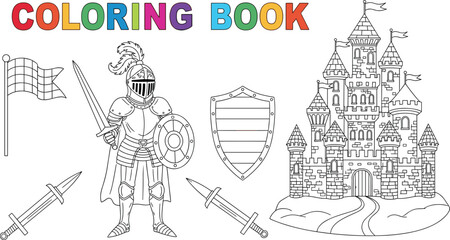 Medieval Knight and Fantasy Castle Coloring Book Page Set Featuring Knight in Armor Sword Shield and Fairy Tale Fortress for Kids Activities © Laxman