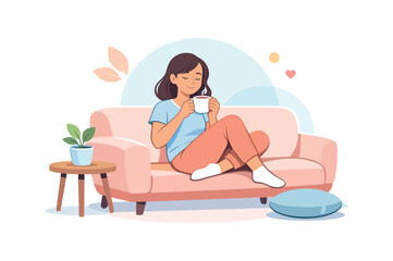 Woman relaxing on sofa with coffee cup, flat vector illustration