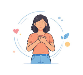 Peaceful woman with hands on heart, flat vector illustration