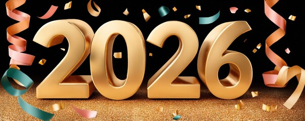 Obraz premium Gold numbers 2026 on a black background with confetti and festive ribbons