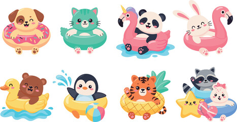 Fototapeta premium Cute animals swimming with inflatable rings and pool floats, happy summer beach characters, playful cartoon pets and wildlife, colorful flat vector illustration set
