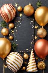 Obraz premium Gold holiday party decor with balloons, ornaments, and star confetti on black background
