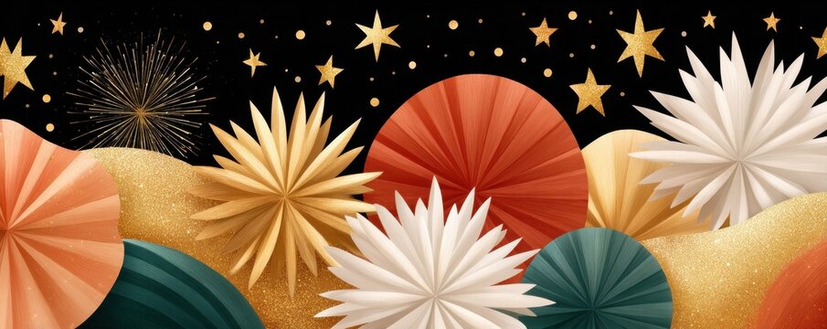 Elegant black backdrop with golden stars and colorful paper rosettes for festive celebration