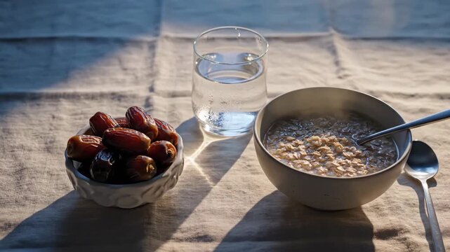 A traditional Ramadan breakfast scene featuring dates, oatmeal, and a glass of water on a table with soft morning light