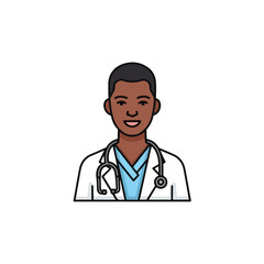 Fototapeta premium Professional smiling male doctor in white lab coat with stethoscope around neck, friendly healthcare vector illustration