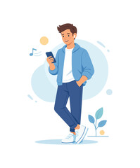 Fototapeta premium Young man with smartphone in casual outfit, flat vector illustration