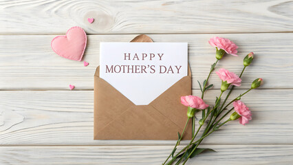 Top view flat lay shows happy mothers day greeting card tucked into brown craft envelope surrounded by delicate pink carnation blossoms and small ceramic heart on white wooden plank background.