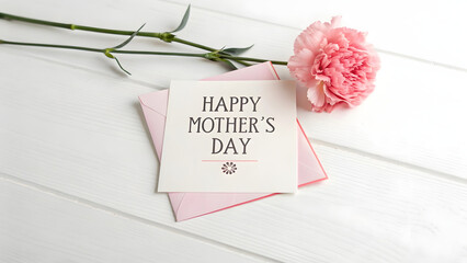 Top view flat lay composition features open pink envelope containing white greeting card with Happy Mother&rsquo;s Day text placed next to single carnation flower on white wooden surface.