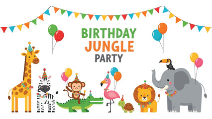 Obraz premium Kids Jungle Birthday Invitation Vector – Cute Zebra, Giraffe, Lion, Monkey & Flamingo